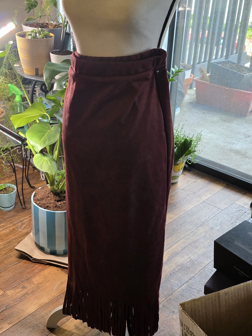 Women’s Burgundy Fringe Midi Skirt